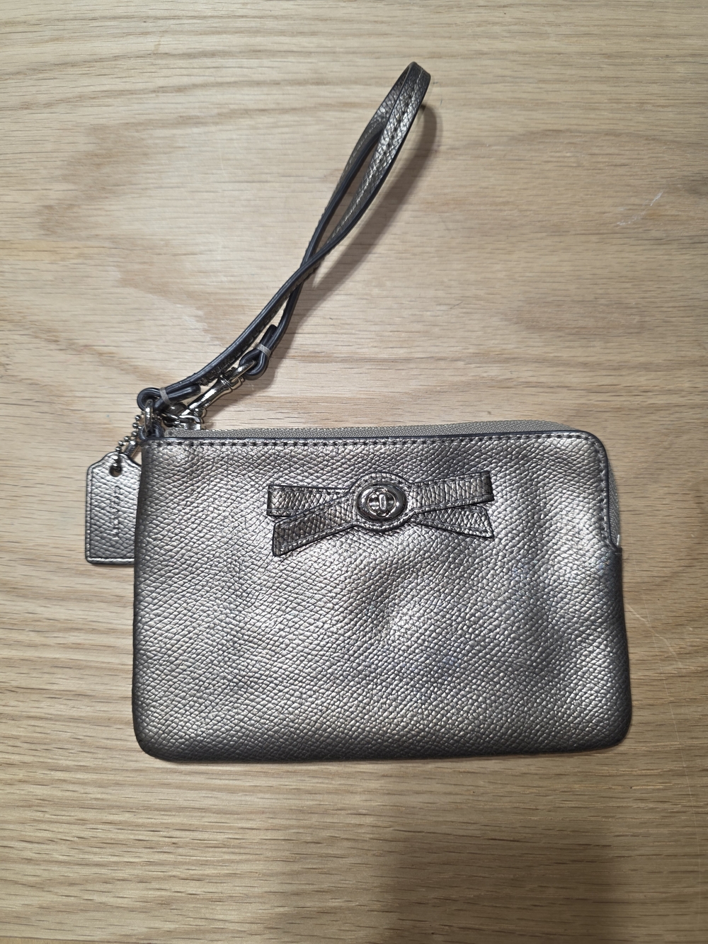 Coach Metallic Pewter Wristlet Clutch with Bow